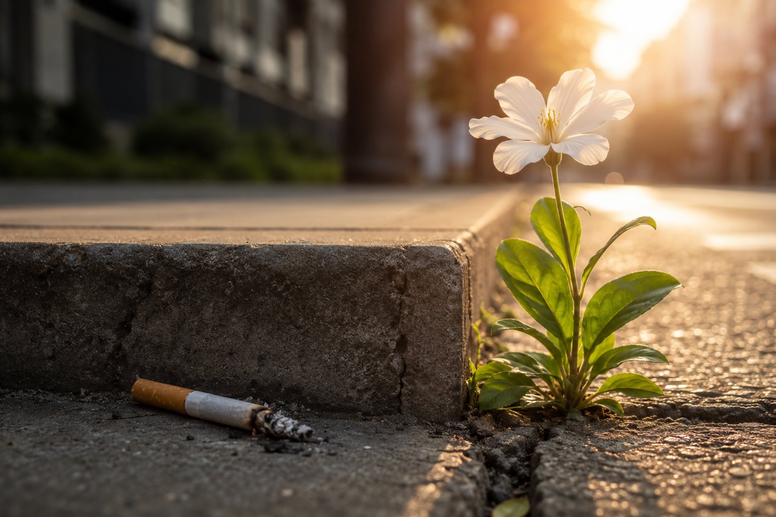 Ausgedrückte Zigarette neben einer wachsenden Blume – Symbol für Neubeginn und rauchfreies Leben